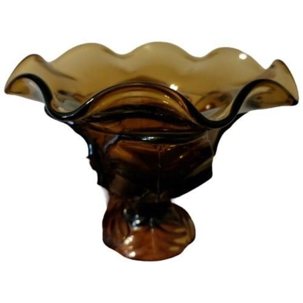Vintage Brown Viking Glass Epic Leaf Pedestal Footed Candy Dish Bowl
